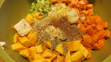 Sweet potato, acorn squash, onion, herbs and spices.